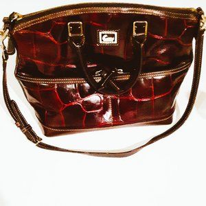 AUTHENTIC DOONEY & BOURKE BROWN CROCO EMBOSSED LEATHER SACHEL BUCKET BAG